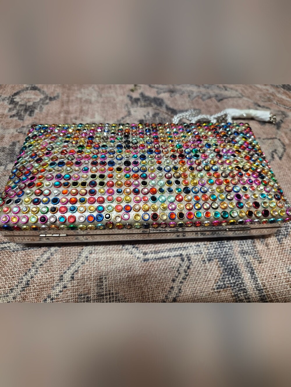 Touch of Nina Silver Satin Jeweled Clutch Interior